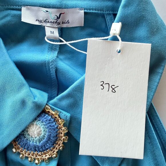 NWT My Beachy Side Amber Hand Crochet Buttons Halter Mini Dress in Blue Medium - Picture 13 of 16